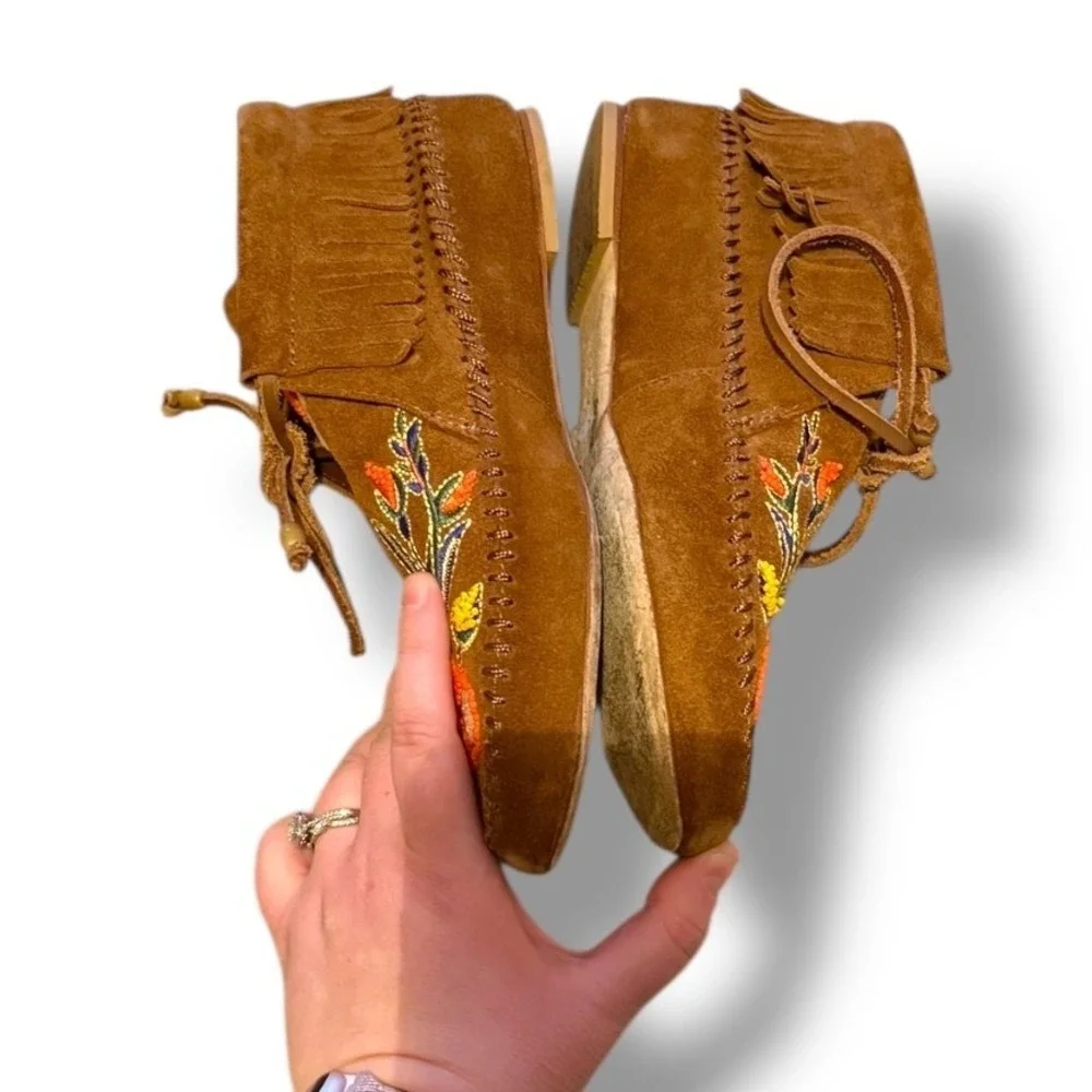 Tory Burch Huntington Moccasins Size 7 Brown Suede Embroidered Fringe‎ Boho